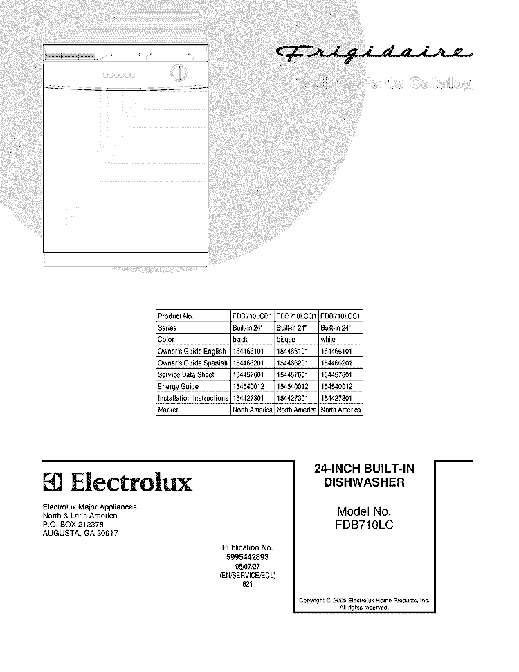 COVER Diagram and Parts List for FDB710LCS1  Frigidaire Dishwasher