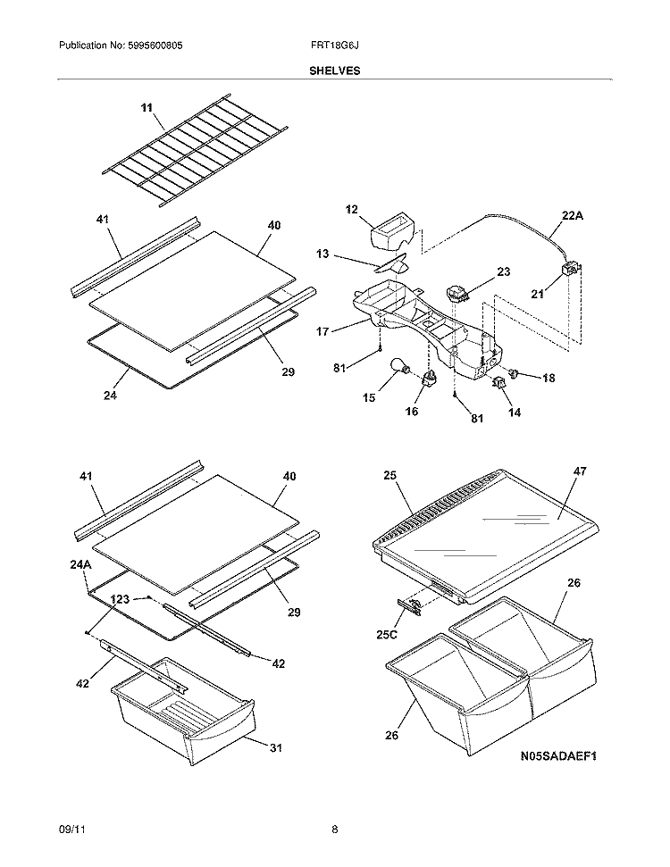 SHELVES Diagram and Parts List for FRT18G6JSC  Frigidaire Refrigerator
