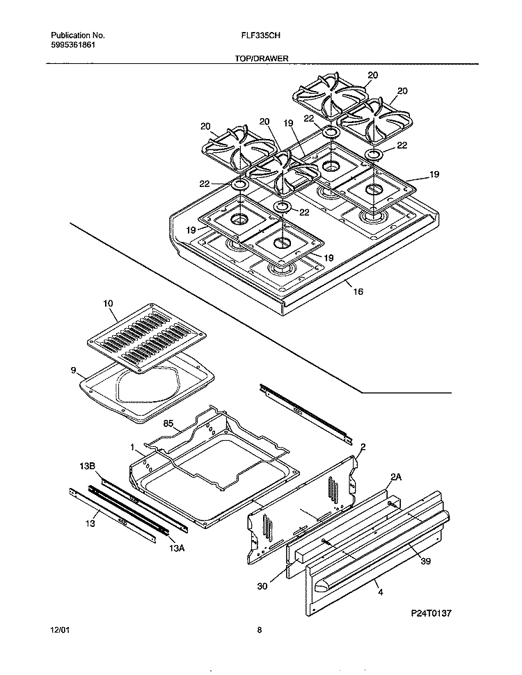 TOP / DRAWER Diagram and Parts List for FLF335CHSC  Frigidaire Range