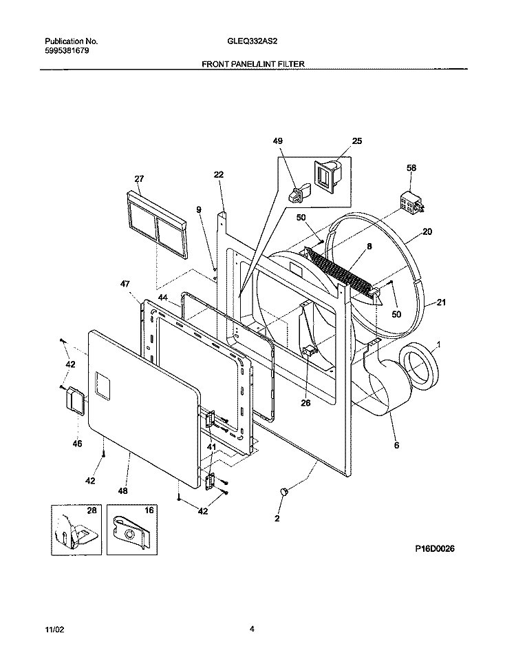 FRONT PANEL / LINT FILTER Diagram and Parts List for GLEQ332AS2  Frigidaire Dryer