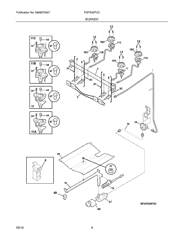BURNER Diagram and Parts List for FGFS36FUC  Frigidaire Range