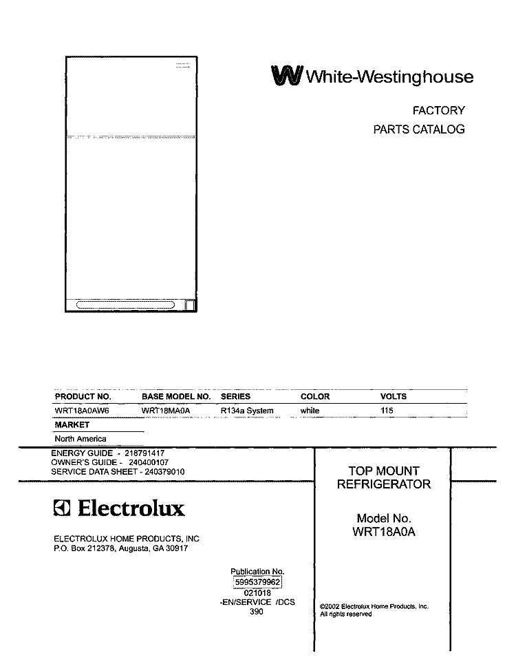 COVER Diagram and Parts List for WRT18A0AW6  Westinghouse Refrigerator