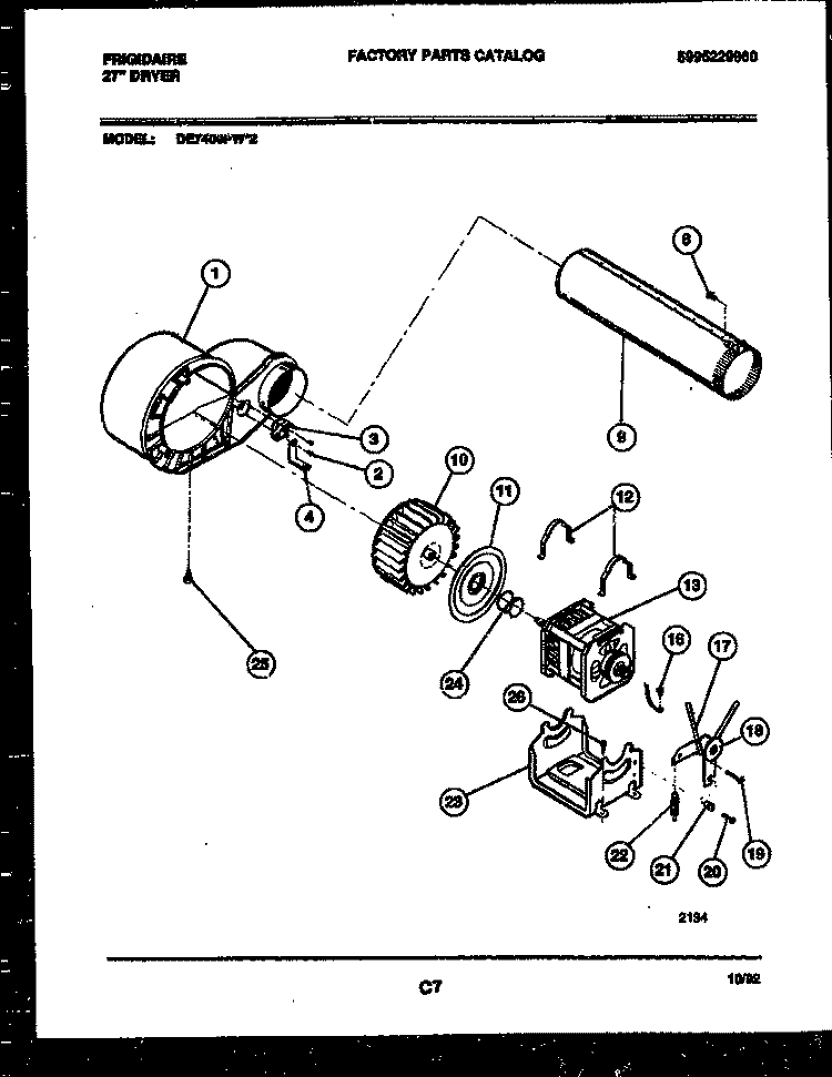 BLOWER AND DRIVE PARTS Diagram and Parts List for DE7400PW2  Frigidaire Dryer