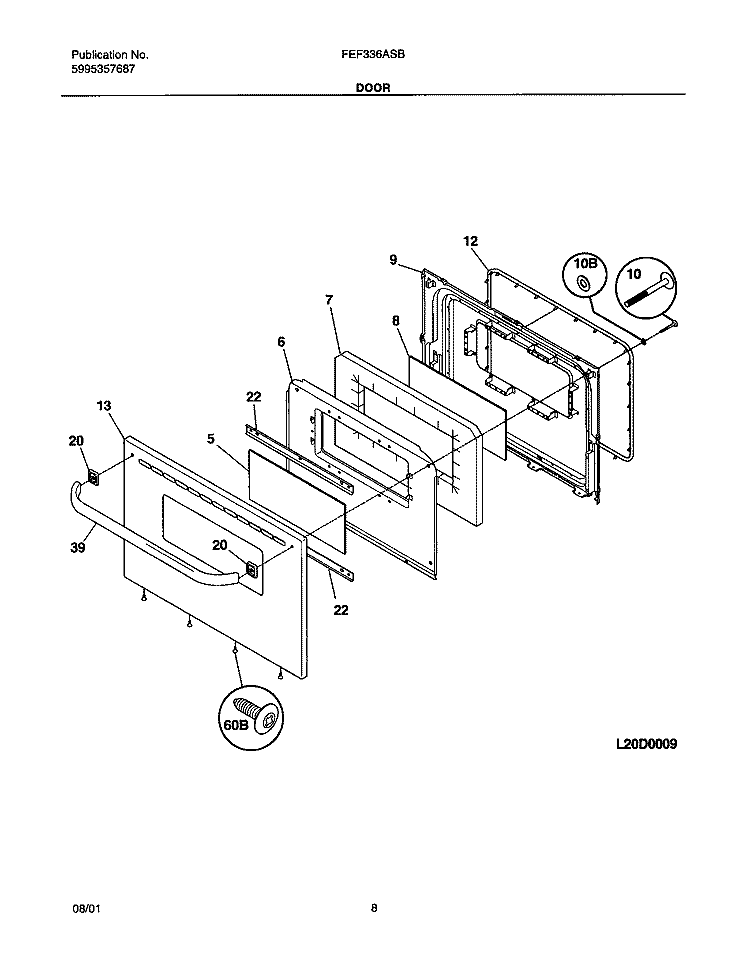 DOOR Diagram and Parts List for FEF336ASB  Frigidaire Range