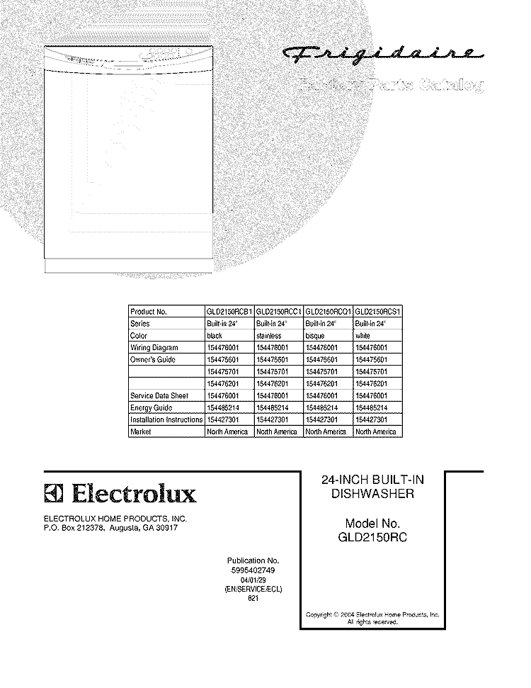 COVER Diagram and Parts List for GLD2150RCQ1  Frigidaire Dishwasher
