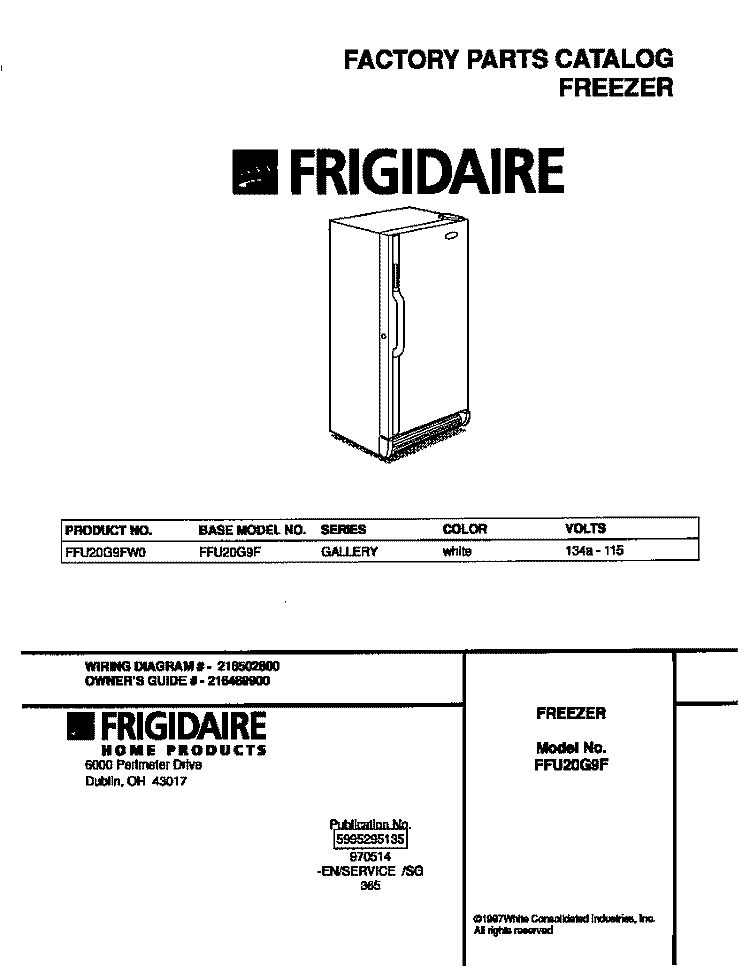 COVER Diagram and Parts List for FFU20G9FW0  Frigidaire Freezer