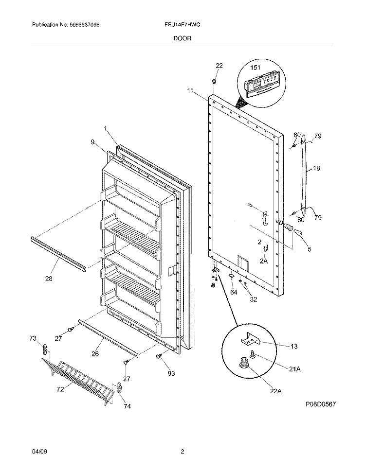 DOOR Diagram and Parts List for FFU14F7HWC  Frigidaire Freezer