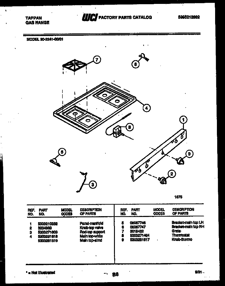 COOKTOP PARTS Diagram and Parts List for 30-2241-23-01  Tappan Range