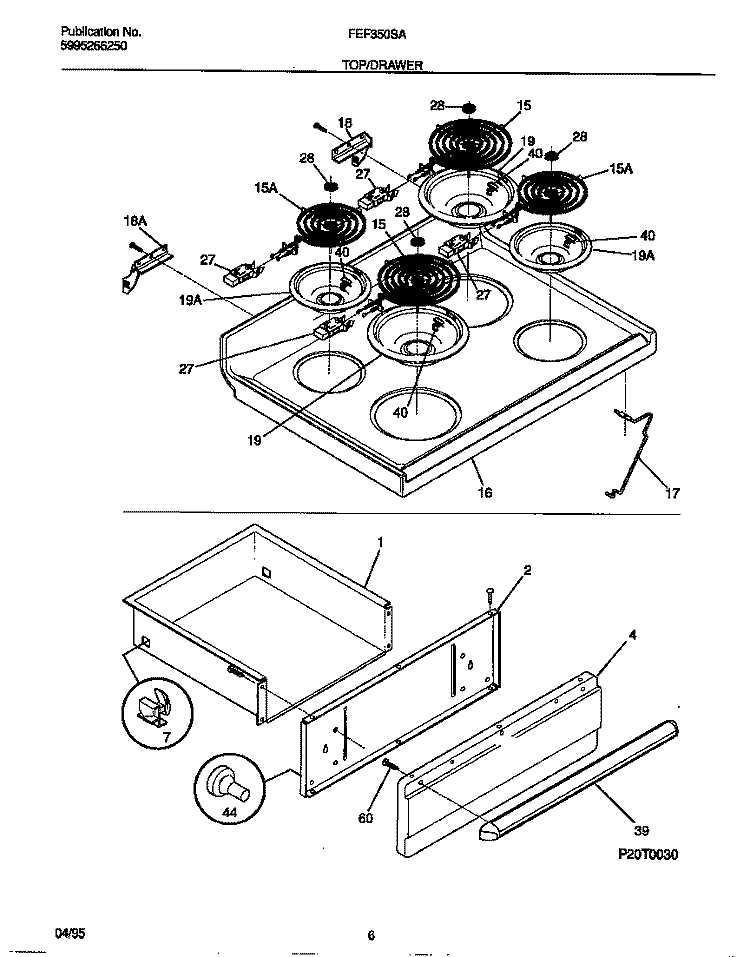 TOP / DRAWER Diagram and Parts List for FEF350SADC  Frigidaire Range