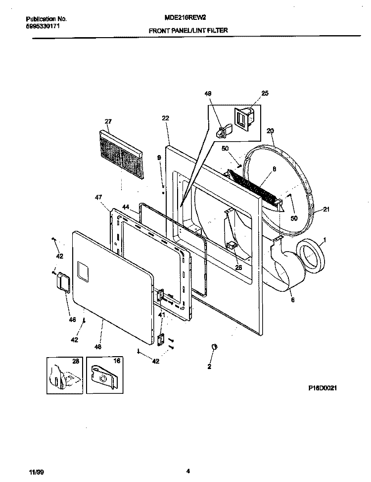 FRONT PANEL / LINT FILTER Diagram and Parts List for MDE216REW2  Frigidaire Dryer