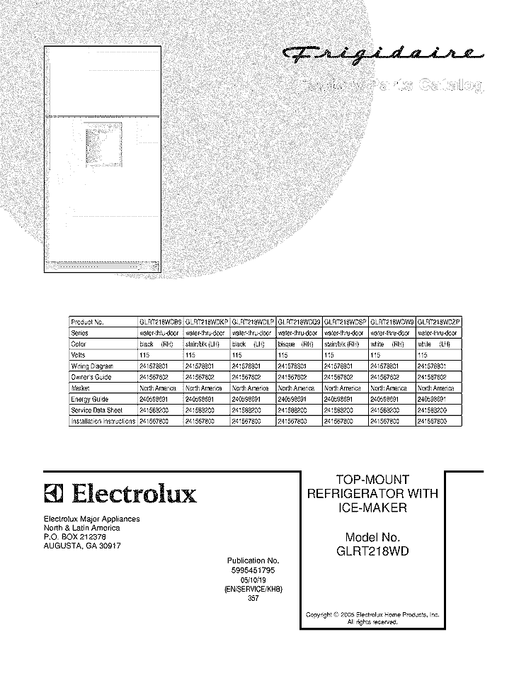 COVER Diagram and Parts List for GLRT218WDZP  Frigidaire Refrigerator