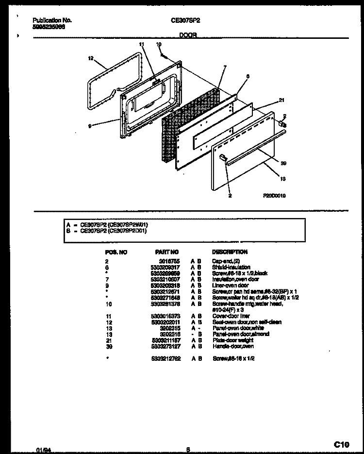DOOR PARTS Diagram and Parts List for CE307SP2W1  Frigidaire Range