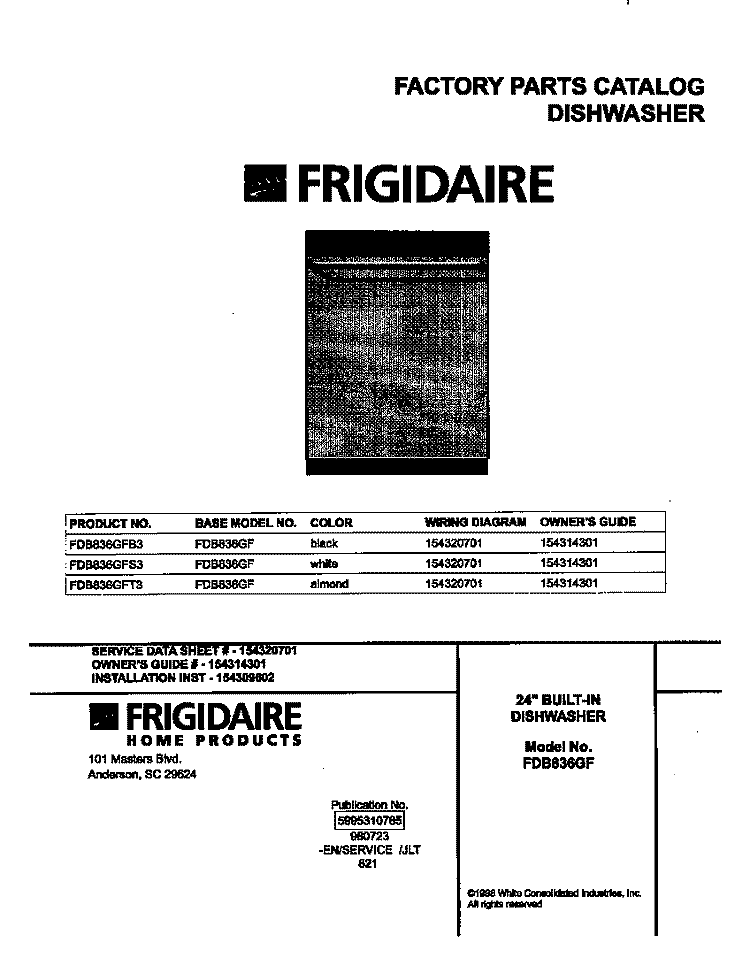 COVER Diagram and Parts List for FDB836GFB3  Frigidaire Dishwasher