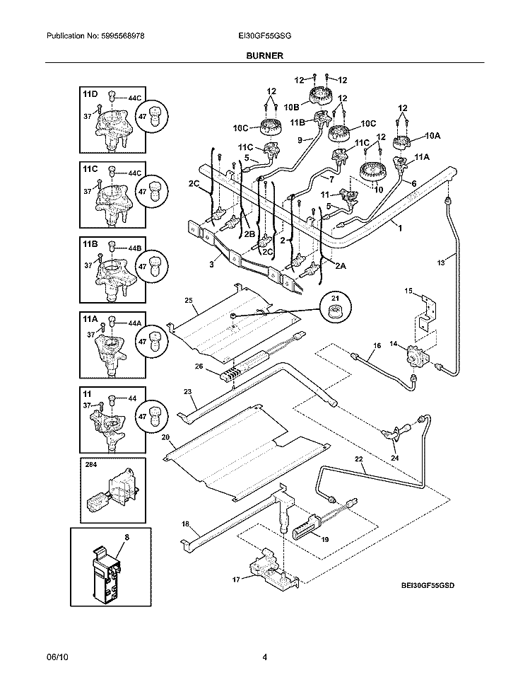 BURNER Diagram and Parts List for EI30GF55GSG  Electrolux Range