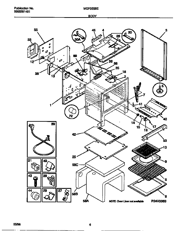 BODY Diagram and Parts List for MGF355BEDA  Frigidaire Range
