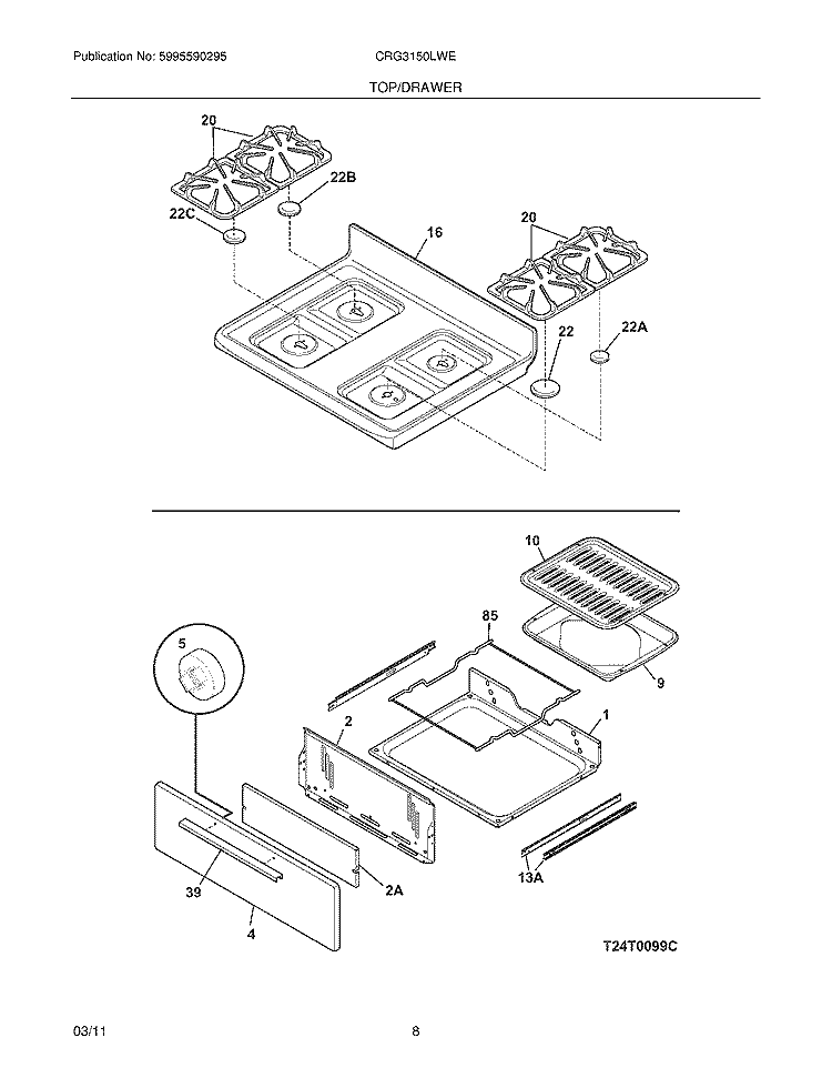 TOP/DRAWER Diagram and Parts List for CRG3150LWE  Crosley Range