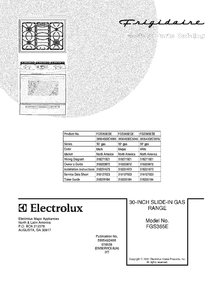 COVER Diagram and Parts List for FGS365EBE  Frigidaire Range