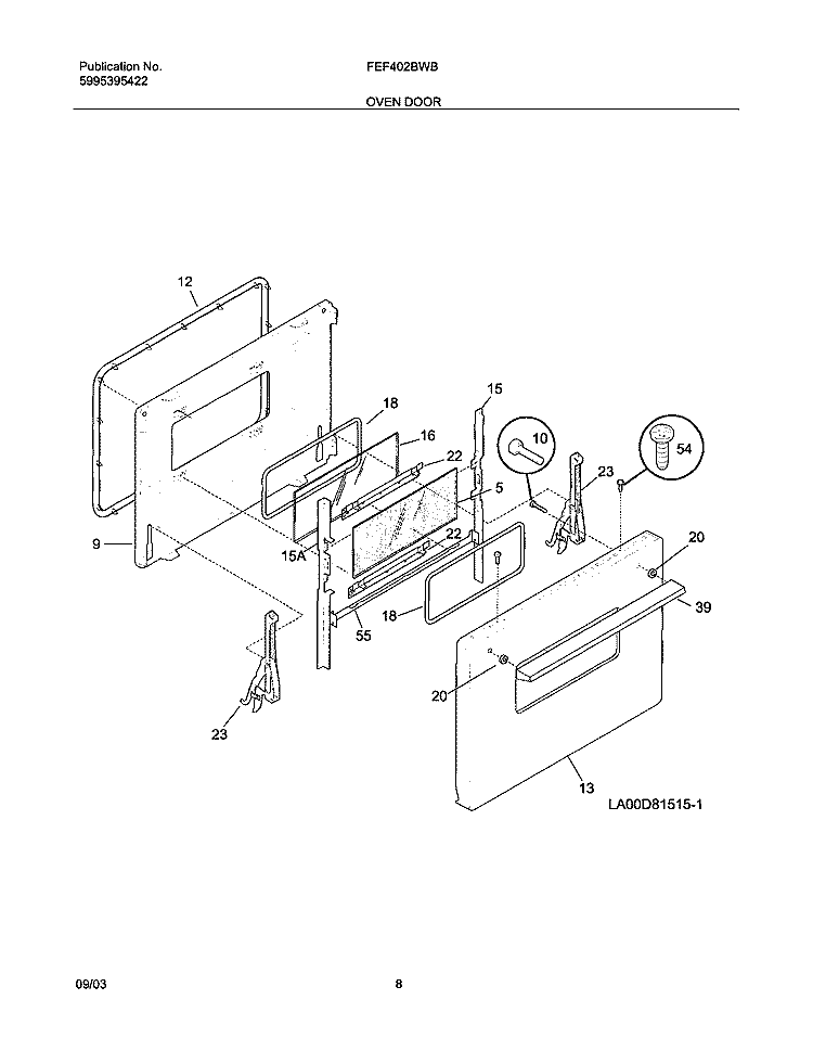 OVEN DOOR Diagram and Parts List for FEF402BWB  Frigidaire Range