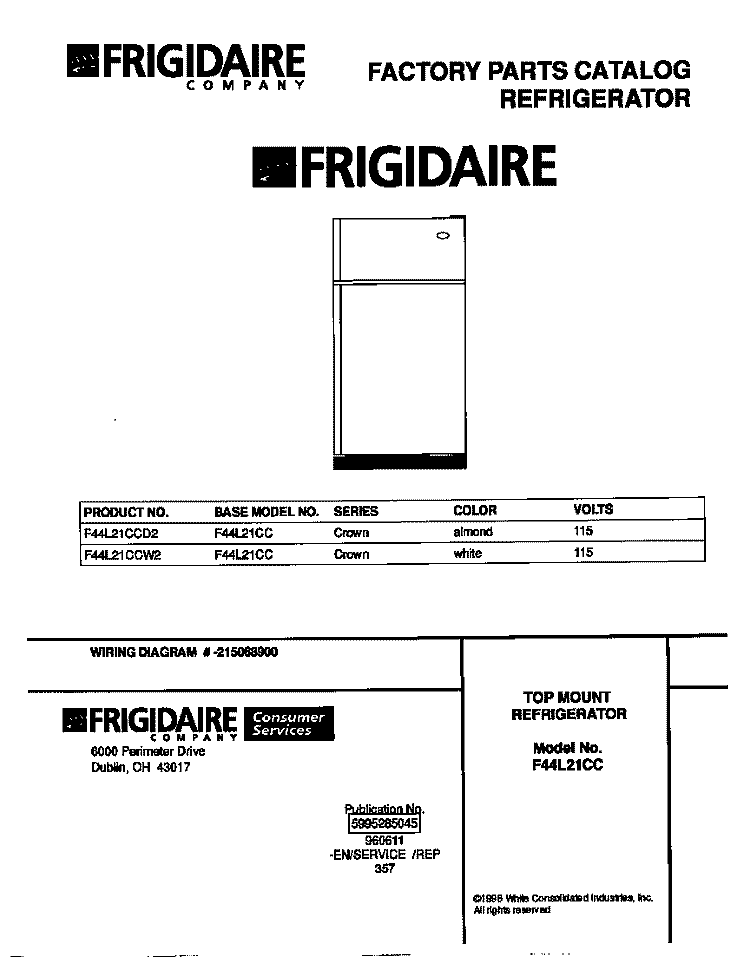 COVER Diagram and Parts List for F44L21CCW2  Frigidaire Refrigerator