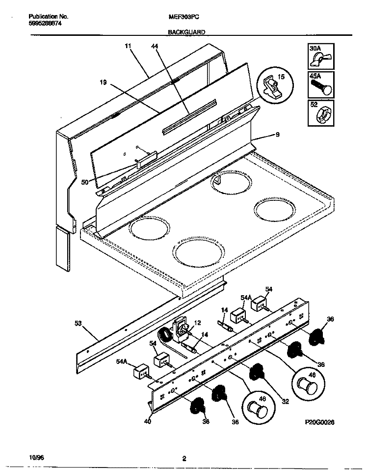 BACKGUARD Diagram and Parts List for MEF303PCWG  Frigidaire Range