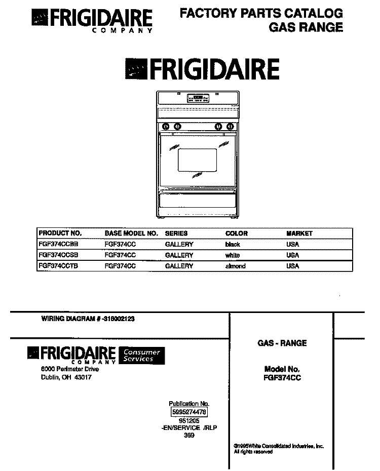 COVER Diagram and Parts List for FGF374CCSB  Frigidaire Range