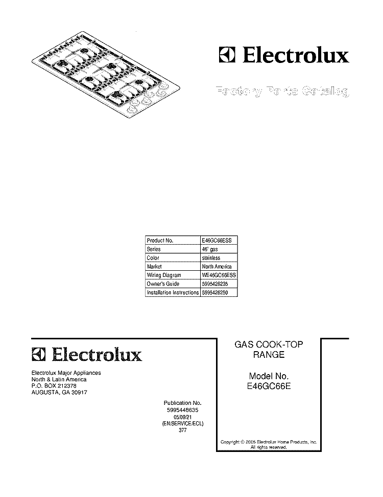 COVER Diagram and Parts List for E46GC66ESS  Electrolux Cooktop
