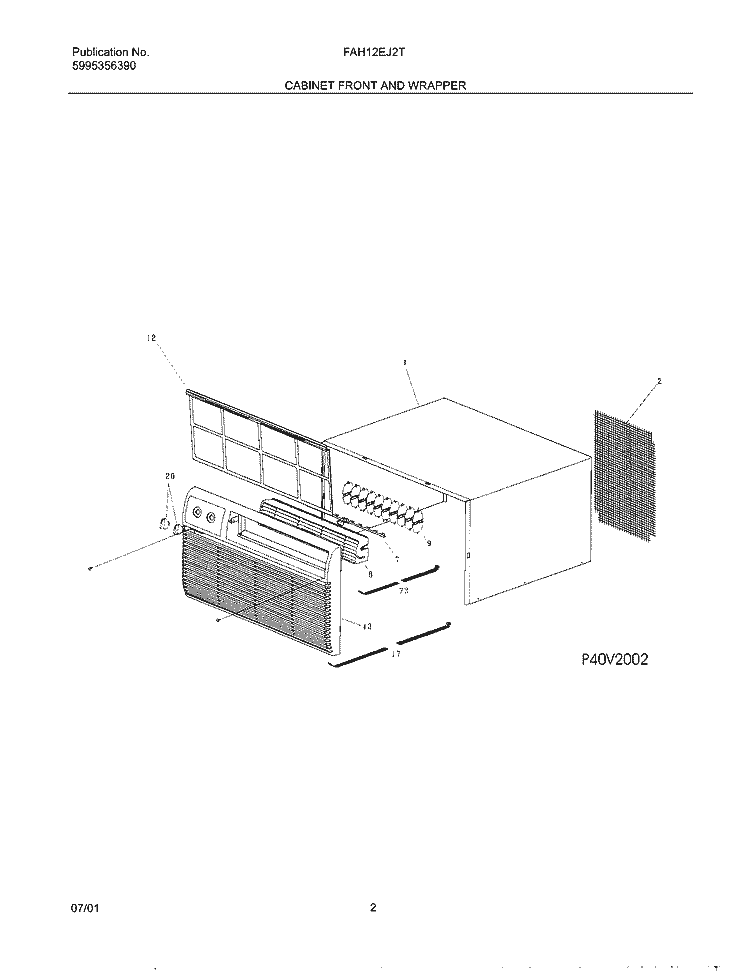 CABINET FRONT & WRAPPER Diagram and Parts List for FAH12EJ2T2  Frigidaire Air Conditioner