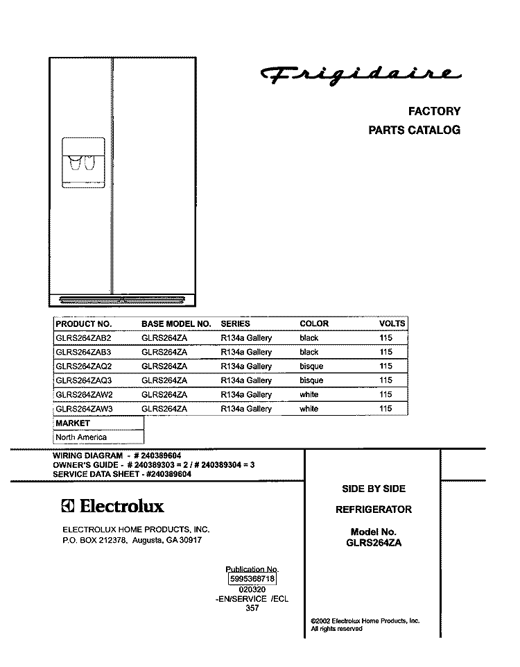 COVER Diagram and Parts List for GLRS264ZAW3  Frigidaire Refrigerator