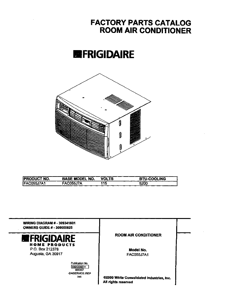 COVER Diagram and Parts List for FAC055J7A1  Frigidaire Air Conditioner