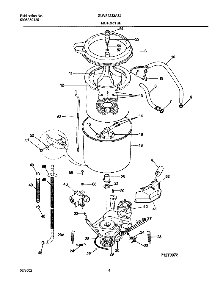 WSHR MTR, HOSE Diagram and Parts List for GLWS1233AS1  Frigidaire Washer
