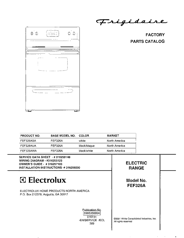 COVER Diagram and Parts List for FEF326AWA  Frigidaire Range