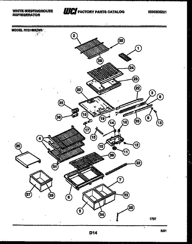 SHELVES AND SUPPORTS Diagram and Parts List for RT216MCF3  Frigidaire Refrigerator