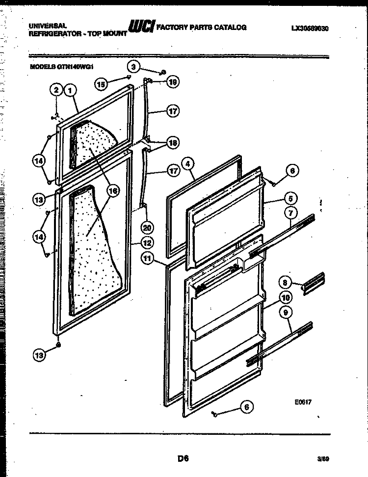 DOOR PARTS Diagram and Parts List for GTN140WGF1  Uni Refrigerator
