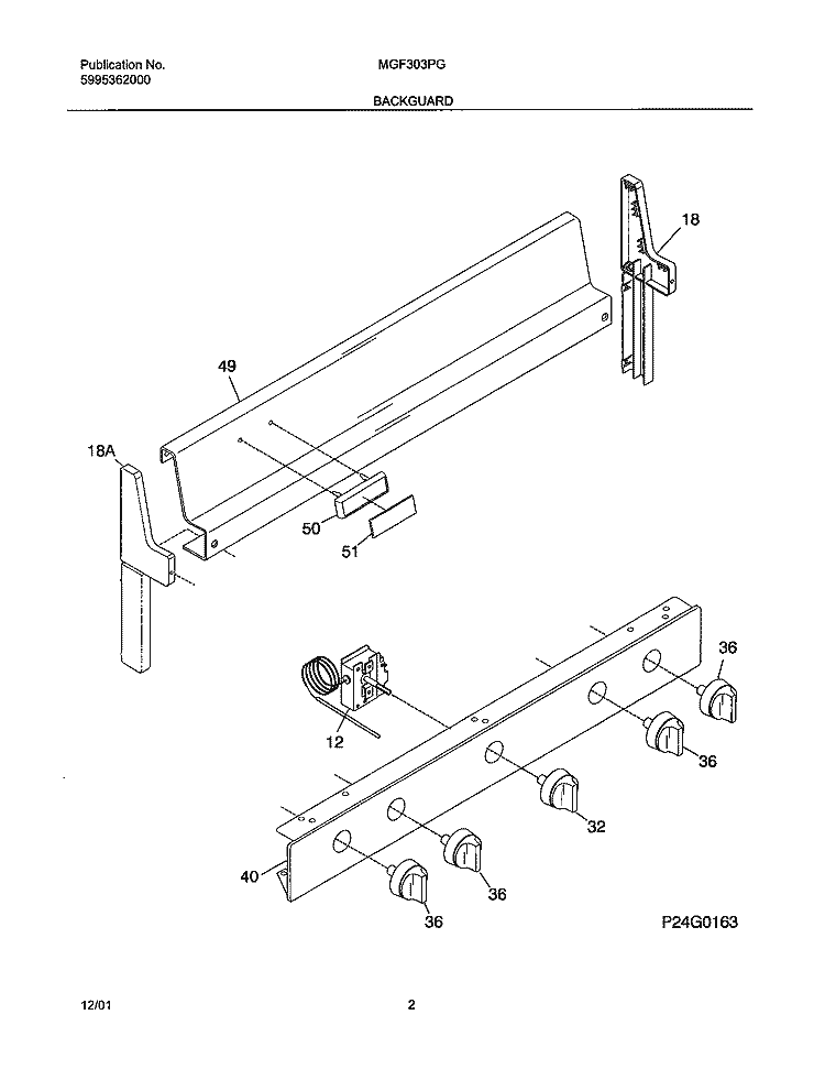 BACKGUARD Diagram and Parts List for MGF303PGWK  Uni Range