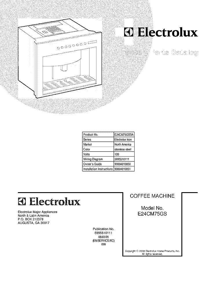 COVER Diagram and Parts List for E24CM75GSSA  Electrolux Coffee Maker