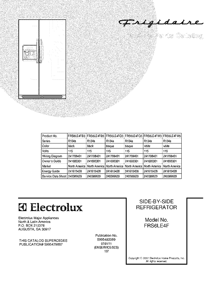 COVER Diagram and Parts List for FRS6LE4FB5  Frigidaire Refrigerator
