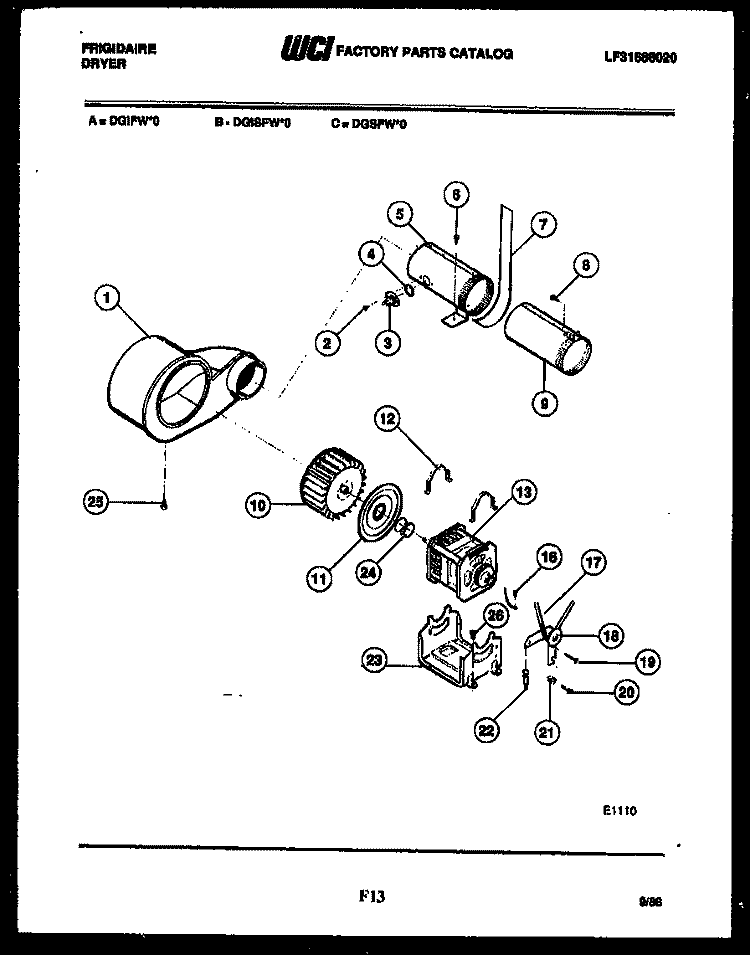 MOTOR AND BLOWER PARTS Diagram and Parts List for DGSFL0  Frigidaire Dryer