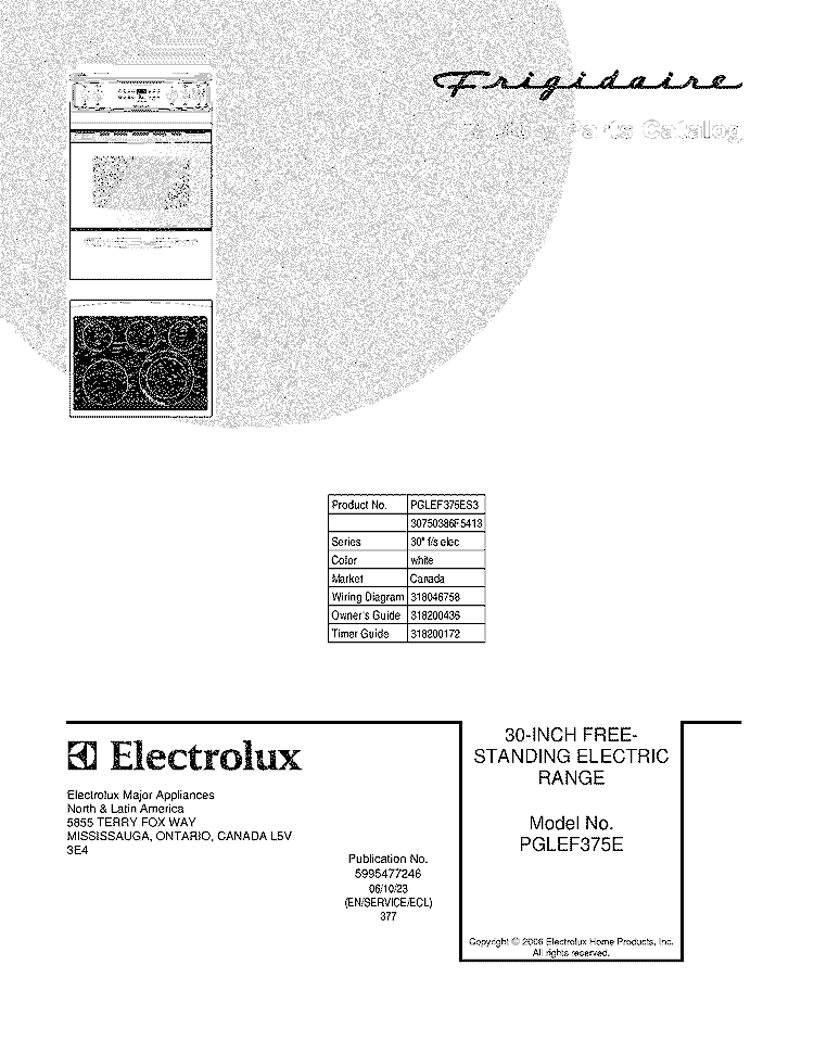 COVER Diagram and Parts List for PGLEF375ES3  Frigidaire Wall Oven