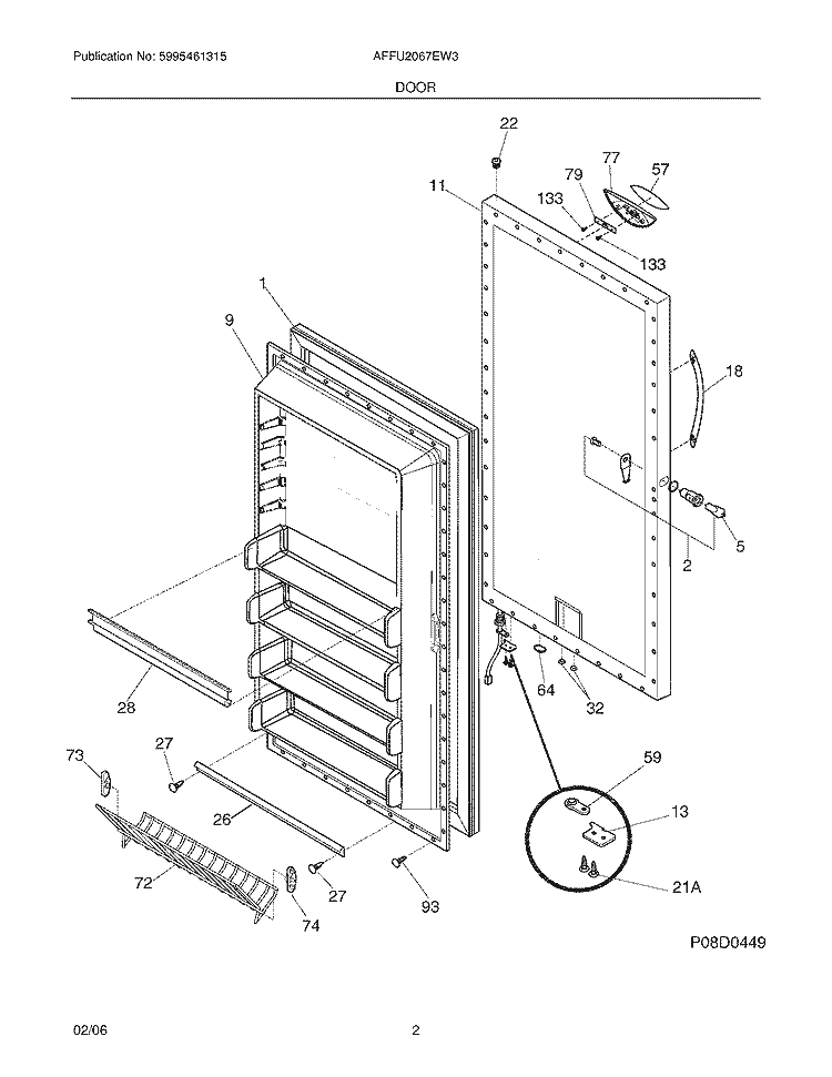 DOOR Diagram and Parts List for AFFU2067EW3  Frigidaire Freezer