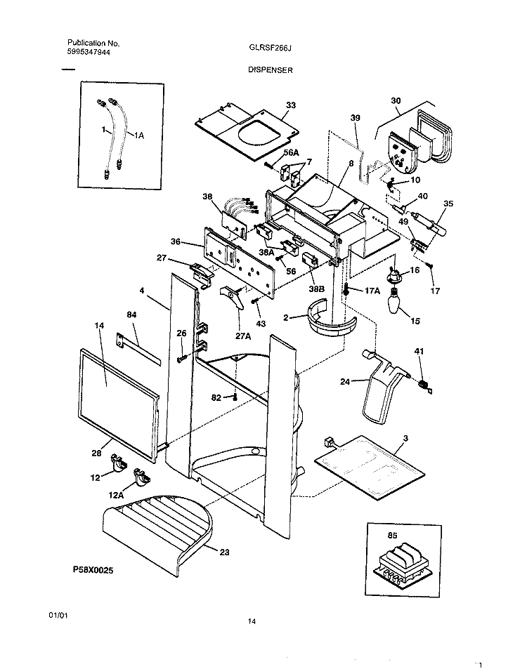 ICE DISPENSER Diagram and Parts List for GLRSF266JW2  Frigidaire Refrigerator