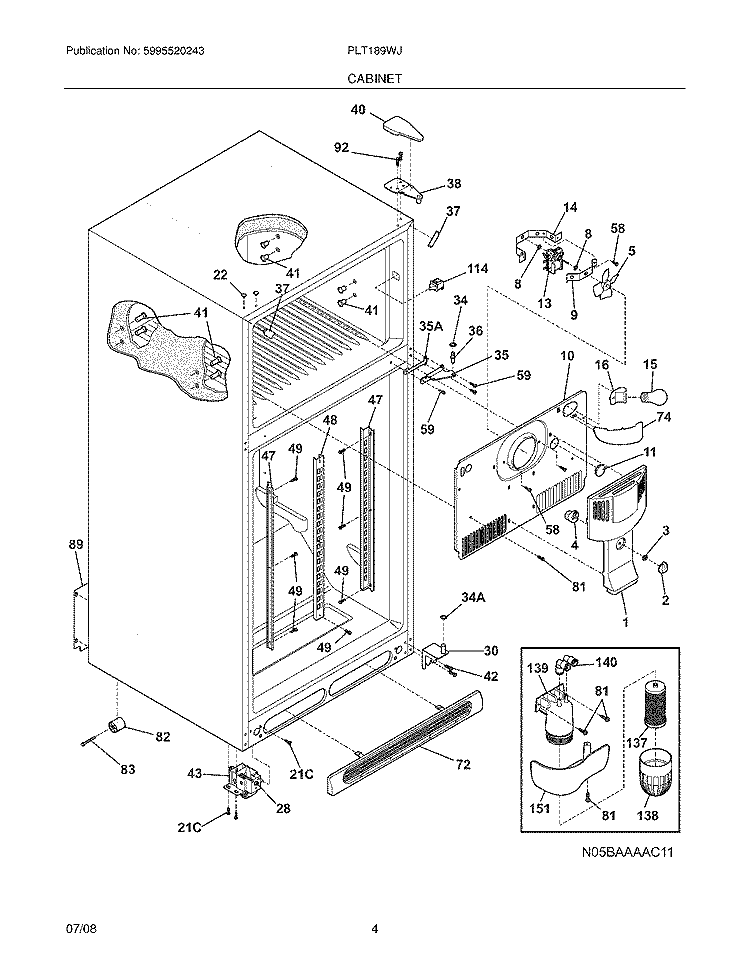 CABINET Diagram and Parts List for PLT189WJKM1  Frigidaire Refrigerator