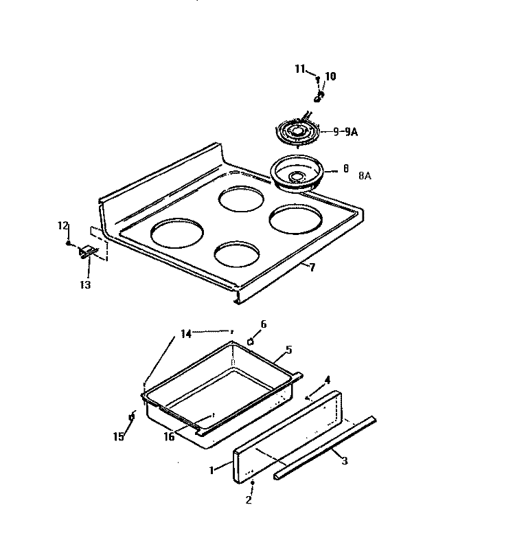 TOP, DRAWER Diagram and Parts List for KF650GDD0  Frigidaire Range