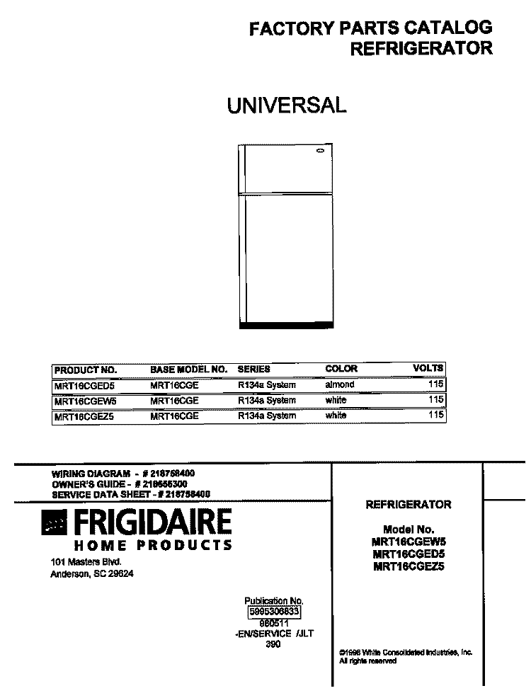 COVER Diagram and Parts List for MRT16CGEW5  Frigidaire Refrigerator