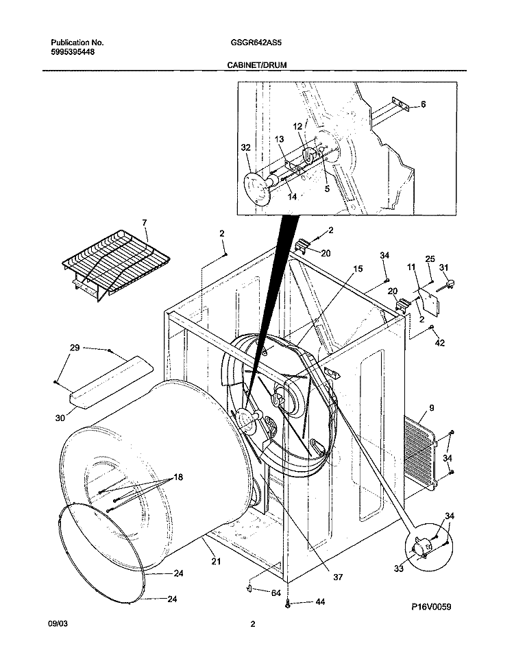 CABINET / DRUM Diagram and Parts List for GSGR642AS5  Frigidaire Dryer