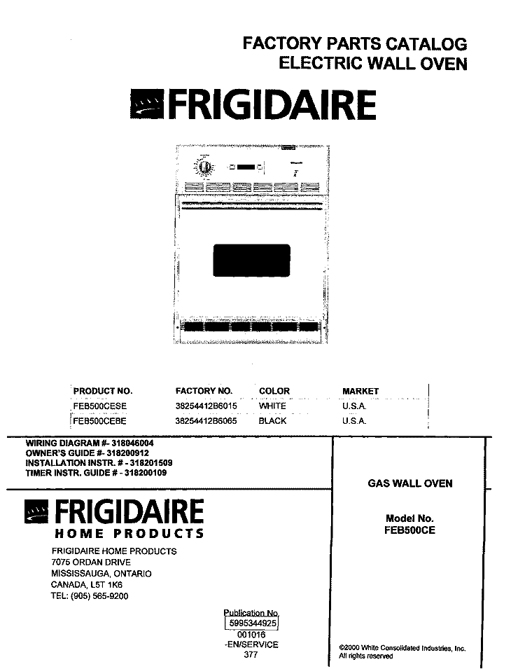 COVER Diagram and Parts List for FEB500CESE  Frigidaire Wall Oven