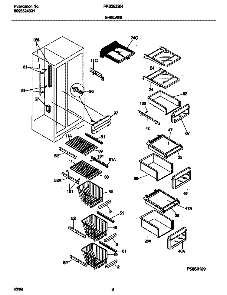 SHELVES Diagram and Parts List for FRS26ZSHB0  Frigidaire Refrigerator