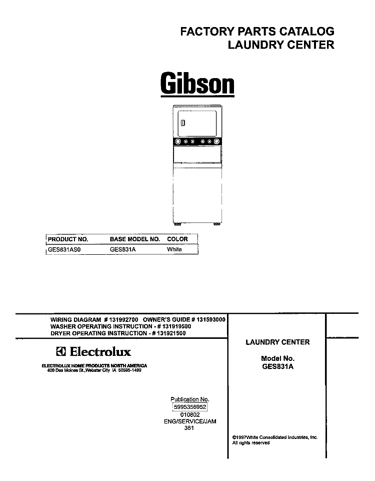 COVER Diagram and Parts List for GES831AS0  Gibson Washer Dryer Combo