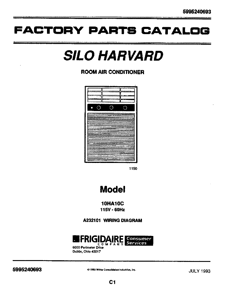 COVER Diagram and Parts List for 10HA10C  Frigidaire Air Conditioner