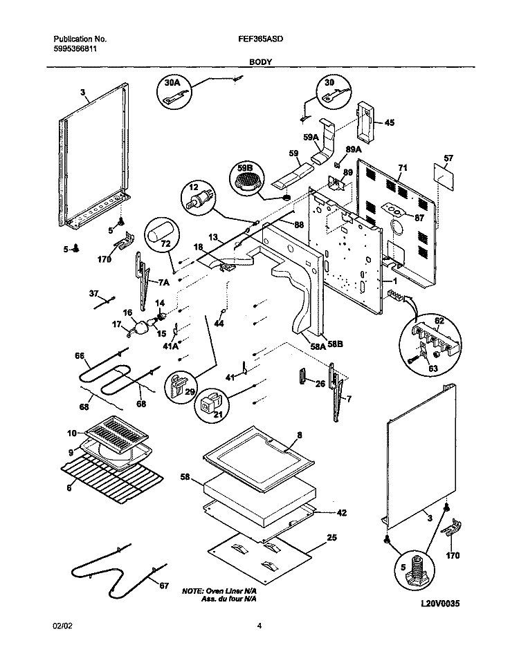 BODY Diagram and Parts List for FEF365ASD  Frigidaire Range