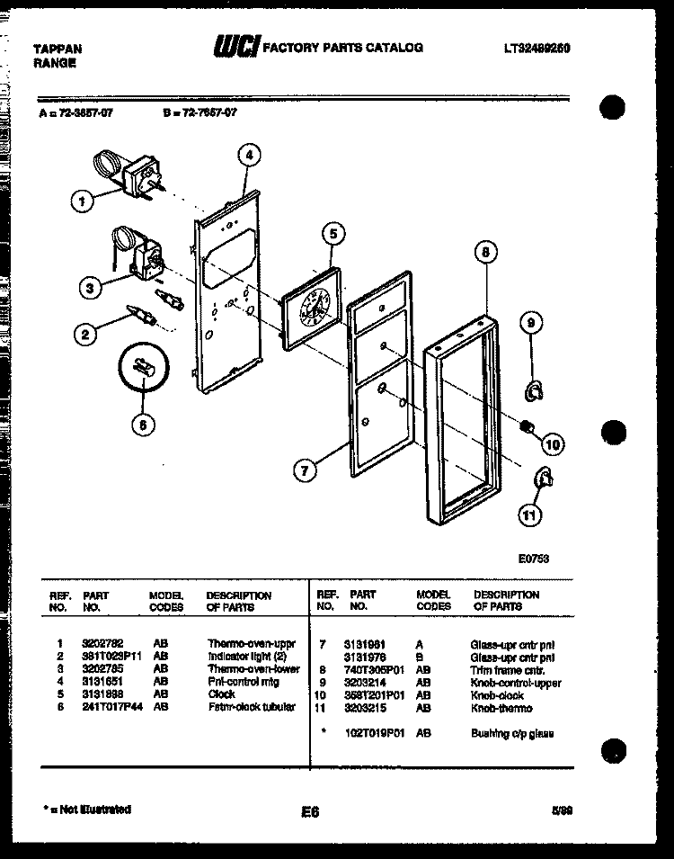 CONTROL PANEL Diagram and Parts List for 72-3657-00-07  Tappan Range